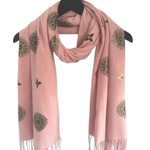 Pink Scarf, Black Gold Scarf, Pink  Metallic Pattern Wrap, Pink Gold Circles Scarf, Pink Pashmina, Pink Metallic Gold Scarf