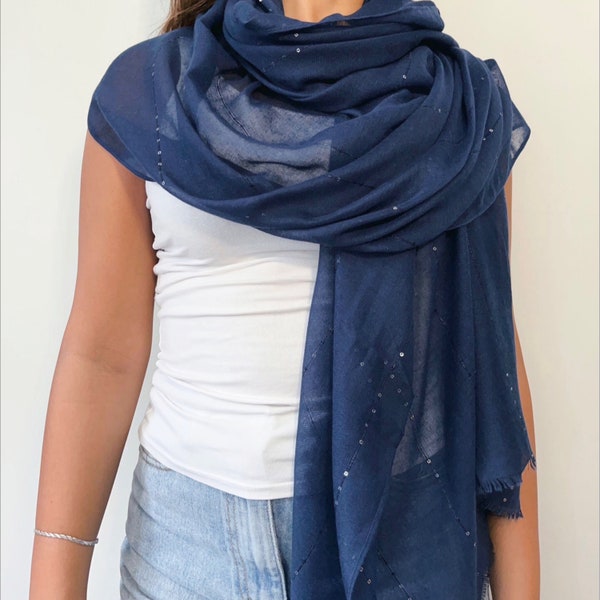 Navy Blue Pashmina Material/ Blue Silver Sequins Pashmina / Navy Blue Scarf /Blue Scarf  / Navy Wrap / Blue Pashmina /