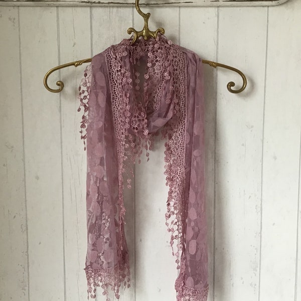 PINK LEAF LACESCARF- Vintage Style Lace Scarf / Raspberry Pink Leaf Lace Scarf / Lace Downton Abbey Look / Vintage Style Lace Scarf