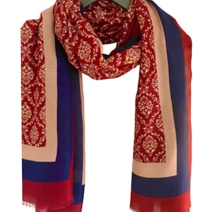 Red and Navy Aztec Scarf: Gold Print Boho Festival Style