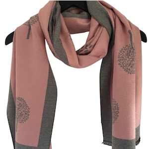 Pink Grey Scarf, Pink Pashmina, Pink Grey Winter Scarf Reversible Tree of Life Scarf,  Scarf Gift, Pashmina, Winter Scarves