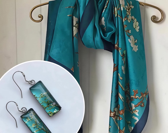 Turquoise Almond Blossom Silk Scarf & Sterling Silver Earrings Set