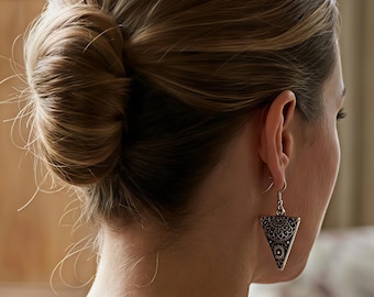 Boho Triangle Earrings: Hammered Antique Silver, 925 Silver Hooks