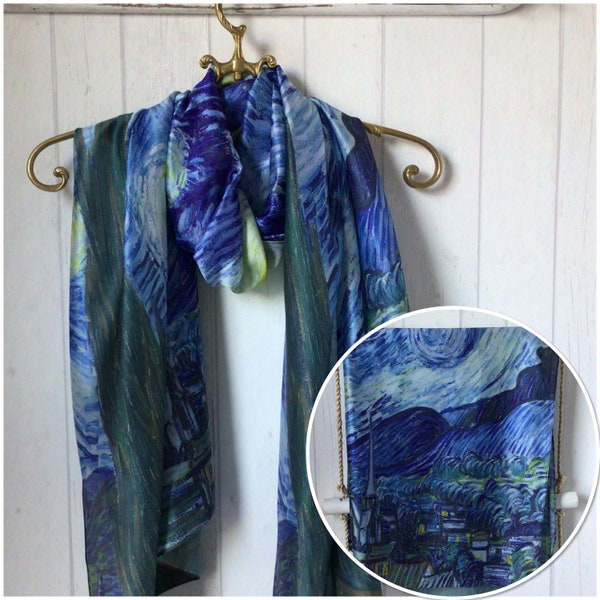 Blue Starry Night Print Scarf / Starry Night Silk Print Scarf / Blue Star Scarf / Silk Scarf Gift / Silk Gifts  /Silk Scarf