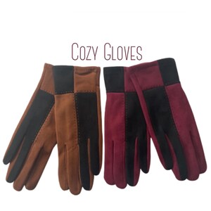 May include: Two pairs of gloves in the image. One pair is brown and black, the other is burgundy and black. The gloves have a suede-like texture and a stitched design. The text "COZY GLOVES" is above the gloves.