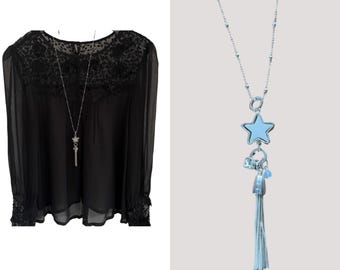 Boho Star Pendant Necklace: Long Silver Chain, Crystal Charms