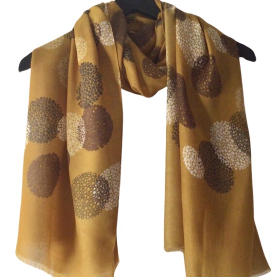 Retro Circles Print Scarf: Mustard Brown Boho Festival Scarf  display picture 1