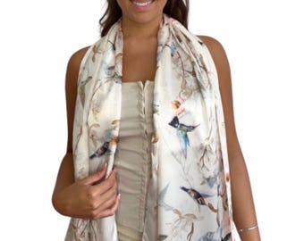 Cream Satin Silk Scarf: Floral Bird Design, Pastel Colors