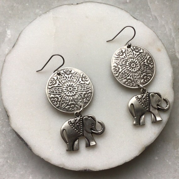 Large Silver Elephant Earrings boho Elephant Earrings Matt Silver