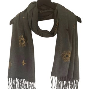 Grey Scarf, Grey Gold Scarf, Grey Metallic Pattern Wrap, Grey Black Gold Scarf, Grey Pashmina,Grey Black Metallic Gold Scarf, Red Scarf Gift