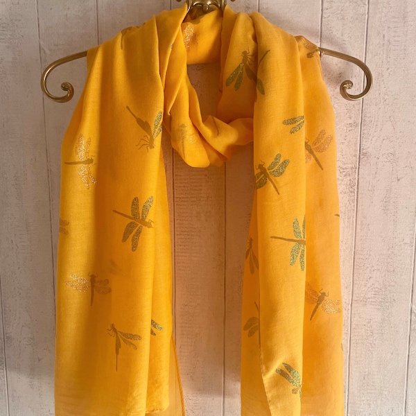 DRAGONFLIES SCARF / Mustard Yellow Glitter Dragonflies Scarf  / Glitter Scarves/ Mustard Dragonflies / Dragonflies Gifts / Yellow Scarves