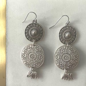 Bohemian Long Silver Elephant Earrings, Boho Elephant Earrings, Matt Silver Elephant Earrings,  Elephant Jewellery,  Elephant Gifts - (577)