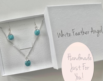 Turquoise Silver Necklace & Earrings Set: Natural Stone Jewelry