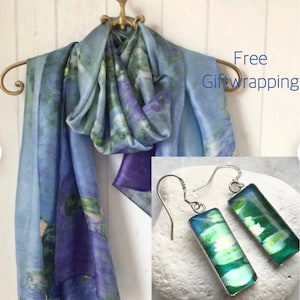 Water Lilies Print Silk Scarf Matching Earrings / Water Lilies 925 Hook Earrings /100%  Silk Scarf/Water Lilies Scarf