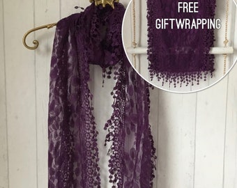 PURPLE LEAF LACE Scarf - Vintage Style Lace Scarf / Purple Leaf Lace Scarf / Lace Downton Abbey Look / Vintage Style Lace Scarf / Purple