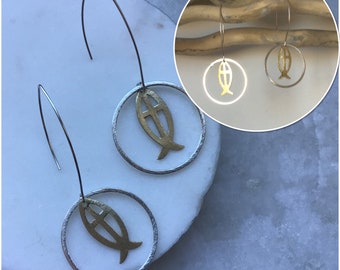 Silver Fish Earrings /Long Circle Gold Fish  Earrings / Fish Gold Earrings /Long Circle Earrings / Jewellery Gifts / Earring Gifts - (116)