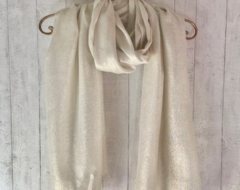 Cream Silver Scarf / Cream Silver Lurex Shimmer Scarf / Cream Silver Pashmina / Cream wedding shawl / Extra Long / Lightweight scarf