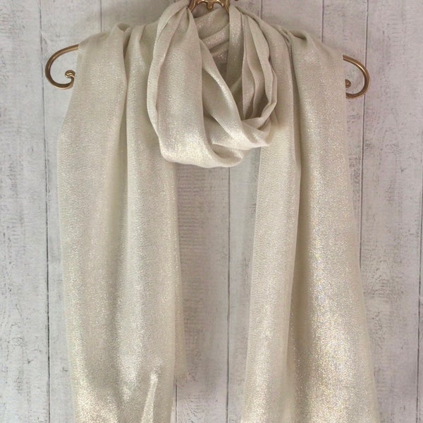 Cream Silver Scarf / Cream Silver Lurex Shimmer Scarf / Cream Silver Pashmina / Cream wedding shawl / Extra Long / Lightweight scarf