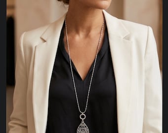 Boho Fretwork Long Pendant Necklace: Rhodium Silver Link Chain