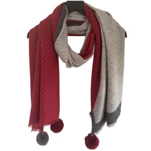 Pom Pom Red Grey Scarf / Red Grey  Large Pom Pom Scarf Pashmina / Red Scarf / Pom Pom Scarf Gift /Pom Pom Pashmina/ Grey Pom Pom Scarf