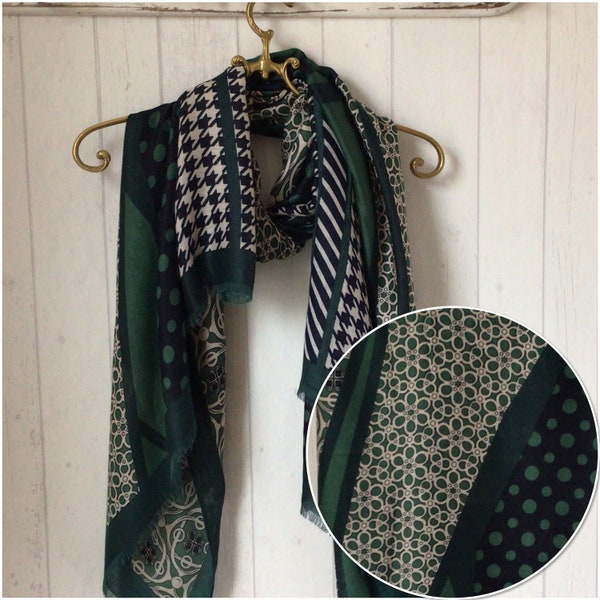 Green Retro SCARF - Green Scarf - Green Black Mixed Print Design Scarf / Geometric Design Scarf / Forest Green Scarf