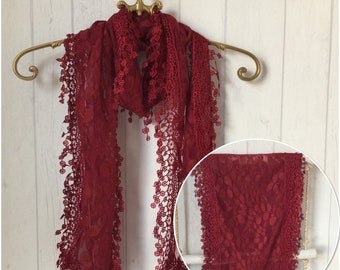 BURGUNDY RED LACE Scarf  - Vintage Style Lace Scarf /Red Leaf Lace Scarf /Lace Downton Abbey Look / Vintage Style Lace Scarf / Boho Scarves