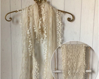 CREAM LEAF SCARF - Vintage Style Cream Lace Scarf / Cream Leaf Lace Scarf /Lace Downton Abbey Look /Vintage Style Cream Lace Scarf