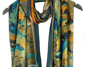 Japanese print Silk Scarf: Lightweight Viscose Blend, Shades of Blue and Brown