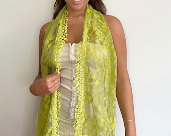 Lime Green Lace Scarf: Vintage Style Leaf Design