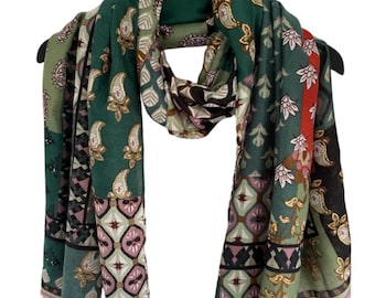 Green Patchwork Scarf: Bohemian Aztec Print Oversized Scarf