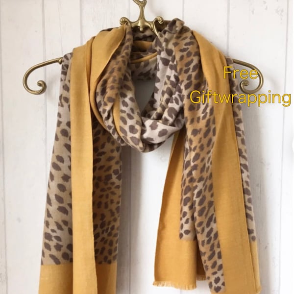 Mustard Animal Print Scarf / Mustard Animal Print Pashmina / Mustard Brown Scarf / Mustard Scarves