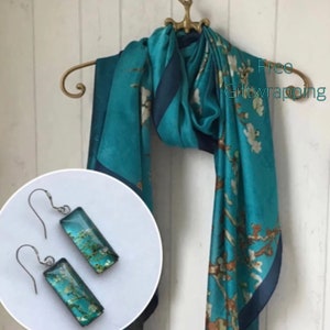 Silk Scarf / 925 Blossom Design Hook Earrings / Turquoise Silk Scarf / 100% Silk