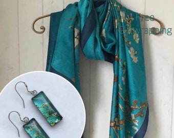 Silk Scarf / 925 Blossom Design Hook Earrings / Turquoise Silk Scarf / 100% Silk