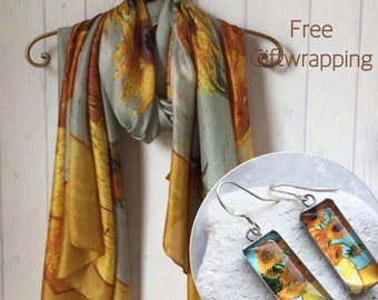 Sunflowers Print Silk Scarf/Sunflowers 925 Hook Earrings/Sunflowers Silk Scarf /100% Silk Scarf/ Sunflowers Design Scarf