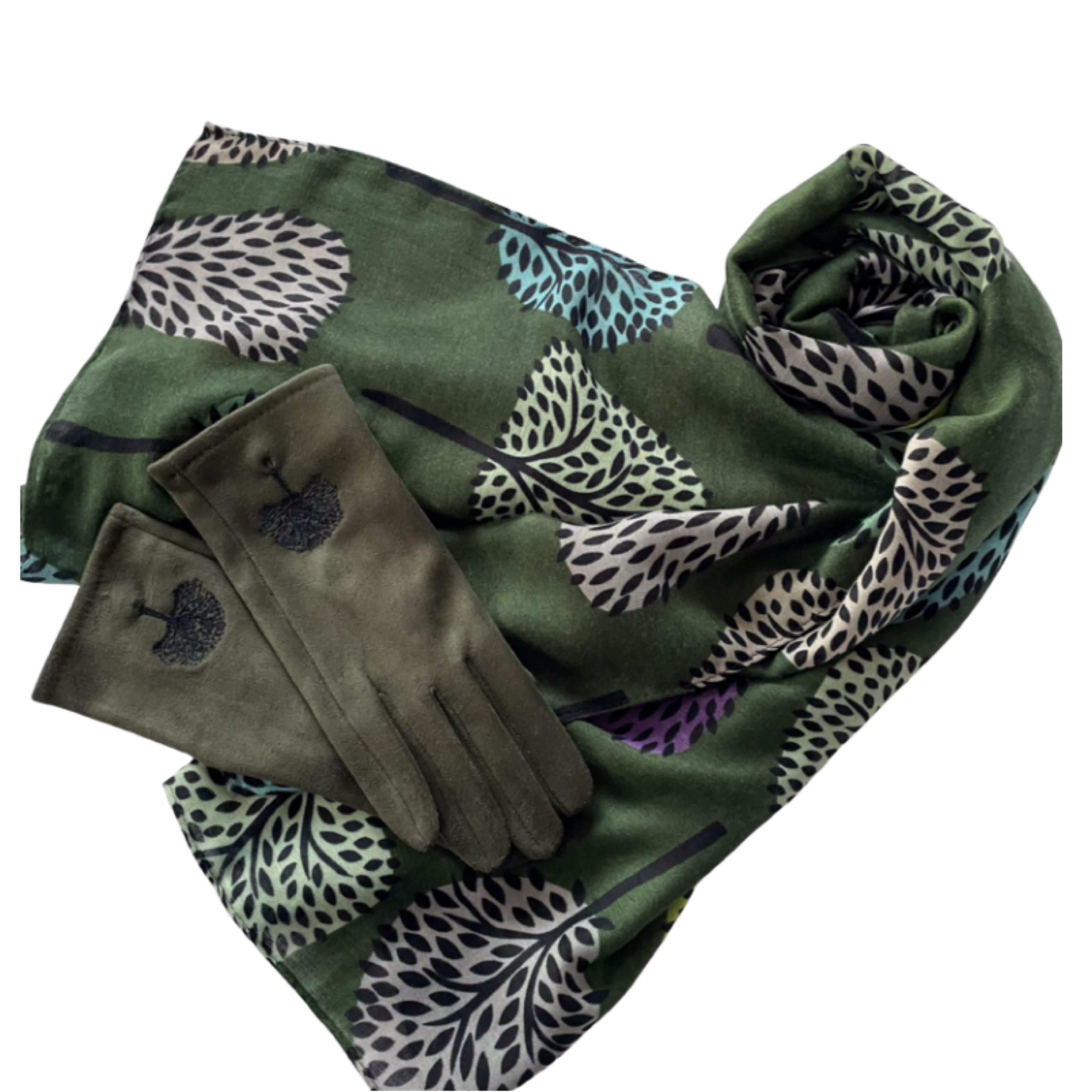 Tree of Life Green Eco Friendly Scarf Matching Gloves: Retro Boho