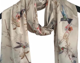 Cream Satin Silk Scarf: Floral Bird Design, Pastel Colors