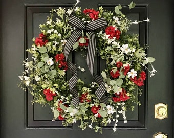 Summer wild flower wreath for front door; Summer farmhouse wreath; red and white wreath; daisy and eucalyptus wreath