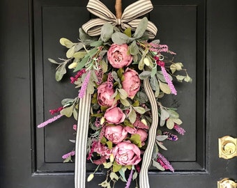 Summer peony and lambs ear swag; summer peony swag for front door; spring swag; housewarming gift; lambs ear wreath; Mother’s Day gift;