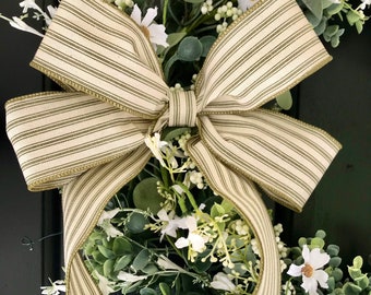 Green and cream bow; farmhouse bow; french country bow; wreath bow; floral arrangement bow;