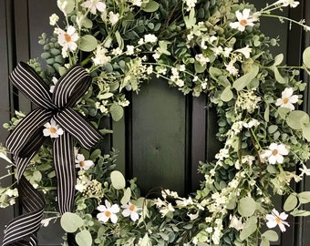 farmhouse wreath for front door; eucalyptus wreath; green and white wreath; daisy wreath; French country decor; farmhouse kitchen
