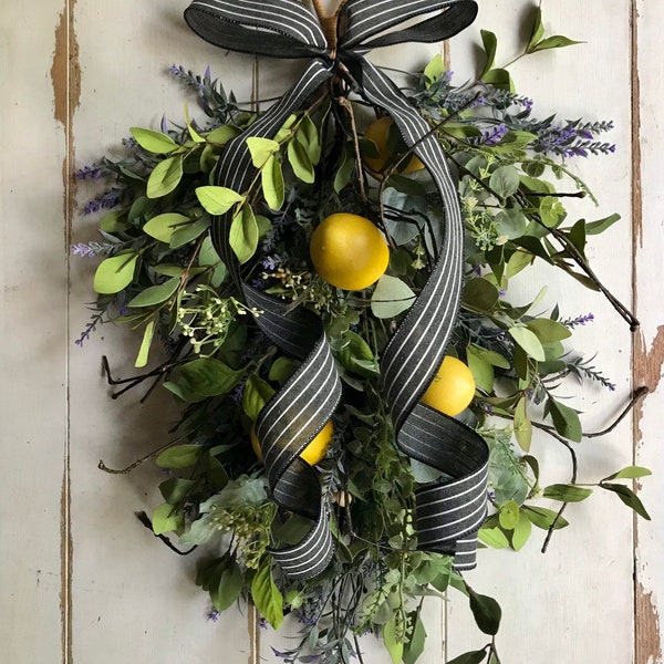 Summer lemon wreath; lemon swag for front door; spring swag; lemon decor; summer swag; Mother’s Day gift; housewarming gift