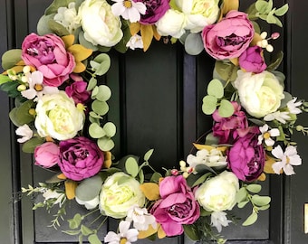 Purple and white peony wreath for front door; French country decor; farmhouse wreath; summer wreath; peony wreath