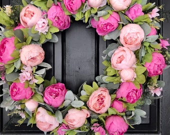 Spring peony wreath for front door; lambs ear  wreath; summer peony wreath; lambs ear wreath; farmhouse wreath; Mother’s Day gift;