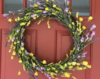 Lavender and yellow spray floral wreath; summer wreath; best seller; shabby chic; farmhouse; front door wreath