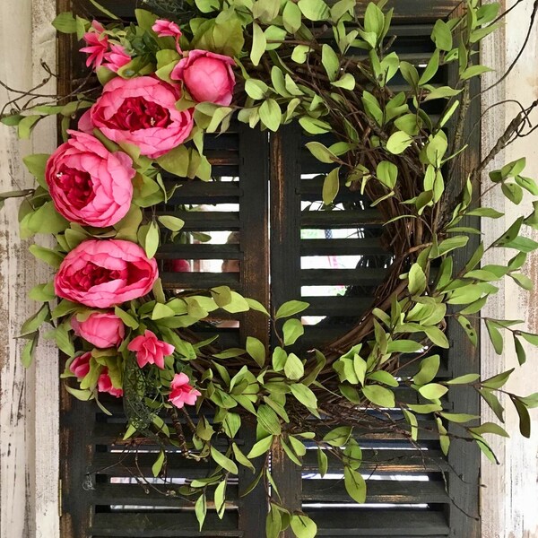 Pink peony and branch spray wreath; summer farmhouse wreath; farmhouse decor; french country decor; farmhouse mantle decor; front door decor