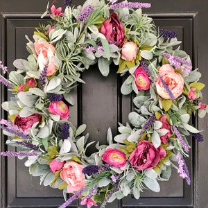 12 Wood Circle Personalized Pink and Purple Flower Door Hanger Hand Painted Door Wreath