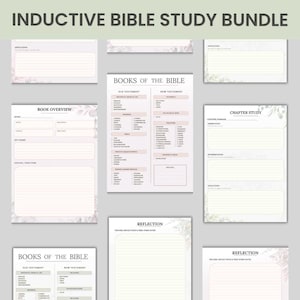 Könnte beinhalten: Ein induktives Bibelstudien-Set mit mehreren druckbaren Blättern mit floralen Akzenten. Die Seiten enthalten Vorlagen für Buchübersicht, Bücher der Bibel, Kapitelstudium und Reflexion mit linierten Abschnitten für Notizen und Anwendungen.