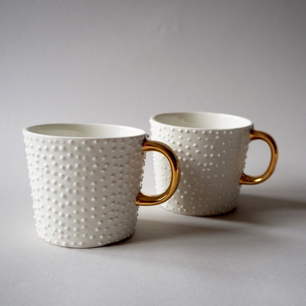 GOLD HANDLE LATTECUP, Porcelain Coffee Cup, Porcelain Tea Cup, Dotted Porcelain Cup with Gold Handle