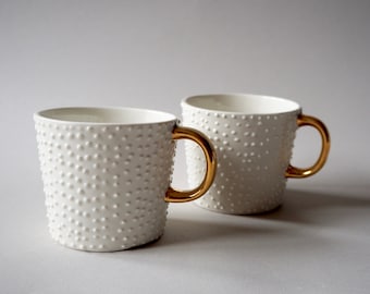 GOLD HANDLE LATTECUP, Porcelain Coffee Cup, Porcelain Tea Cup, Dotted Porcelain Cup with Gold Handle