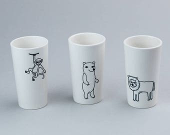 PORCELAIN GLASS CIRCUS -  ceramic cup ,porcelain, black & white drawings, circus , contemporary ceramics , nordic design,handmade